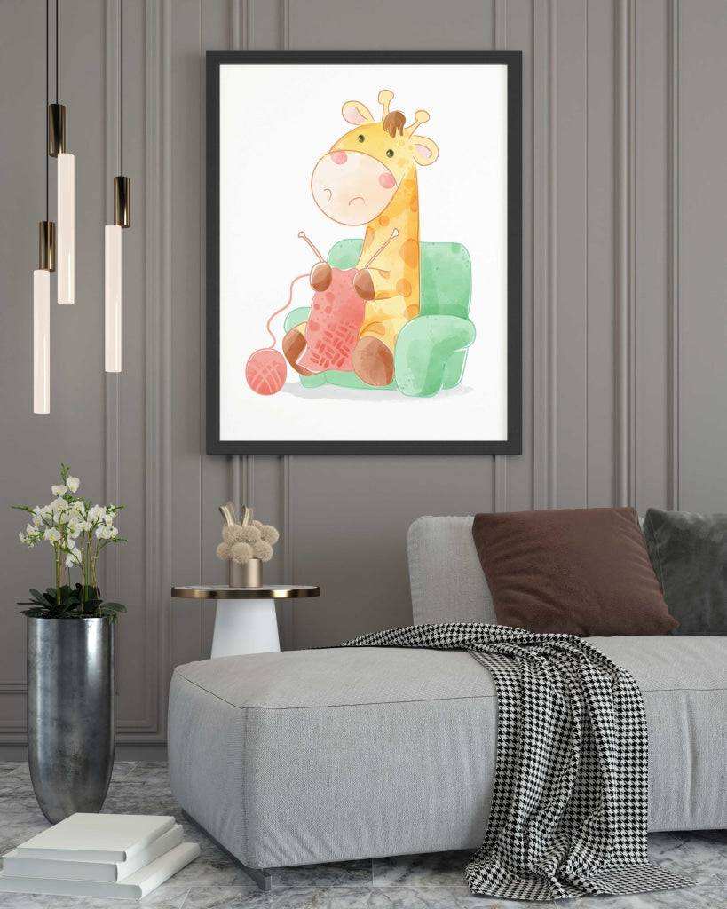 The Knitting Giraffe - Nursery Art Frame For Wall Decor- Funkydecors Xs / Black Posters Prints &