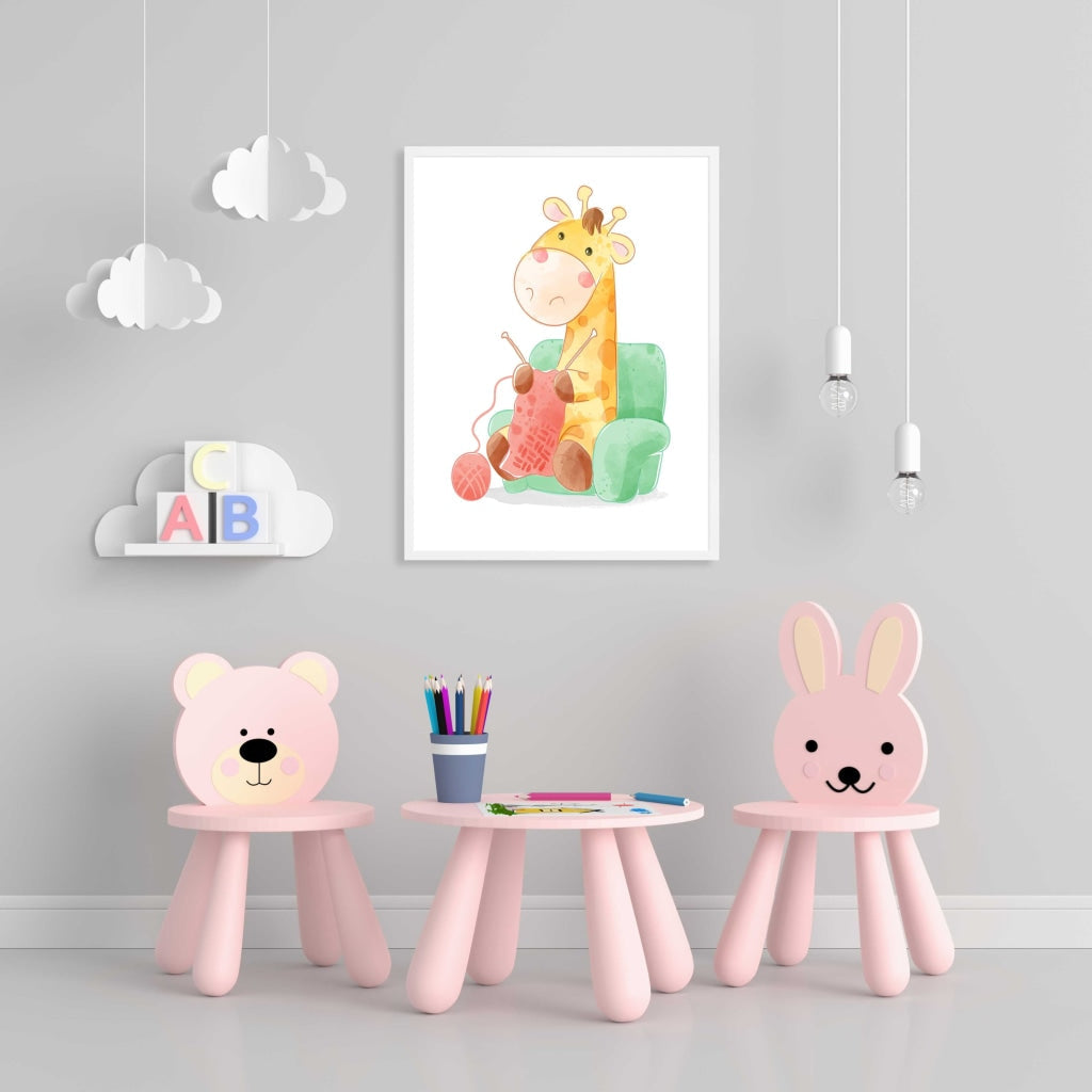 The Knitting Giraffe - Nursery Art Frame For Wall Decor- Funkydecors Xs / White Posters Prints &amp;