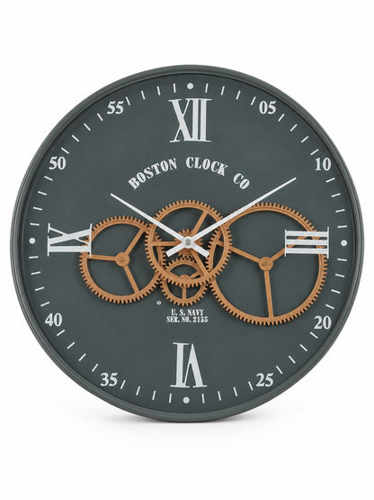 40 CM premium metal moving gear wall clock with black finish and Roman numerals