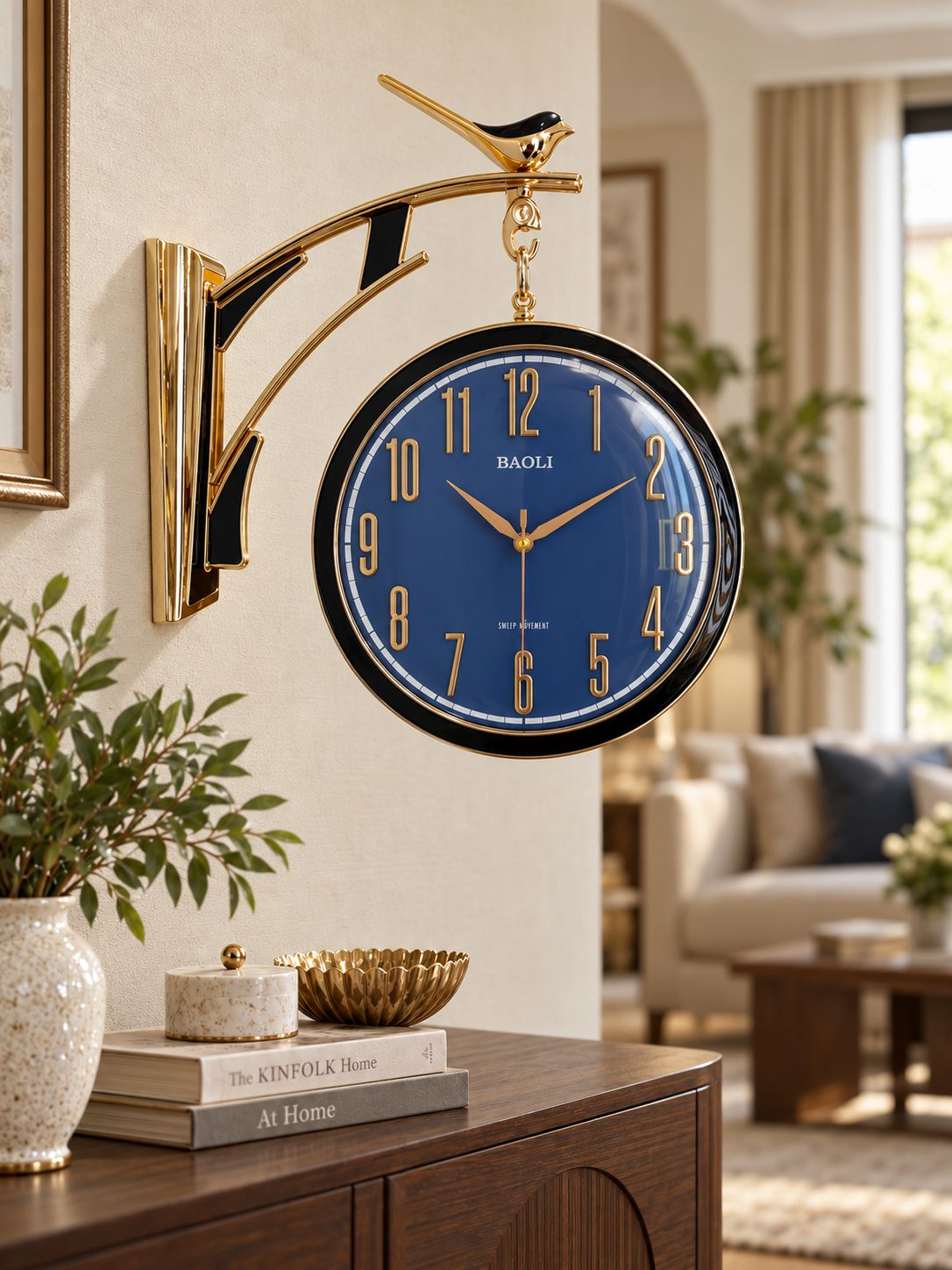 Blue Sparrow dual-sided wall clock with Arabic numerals and gold detailing