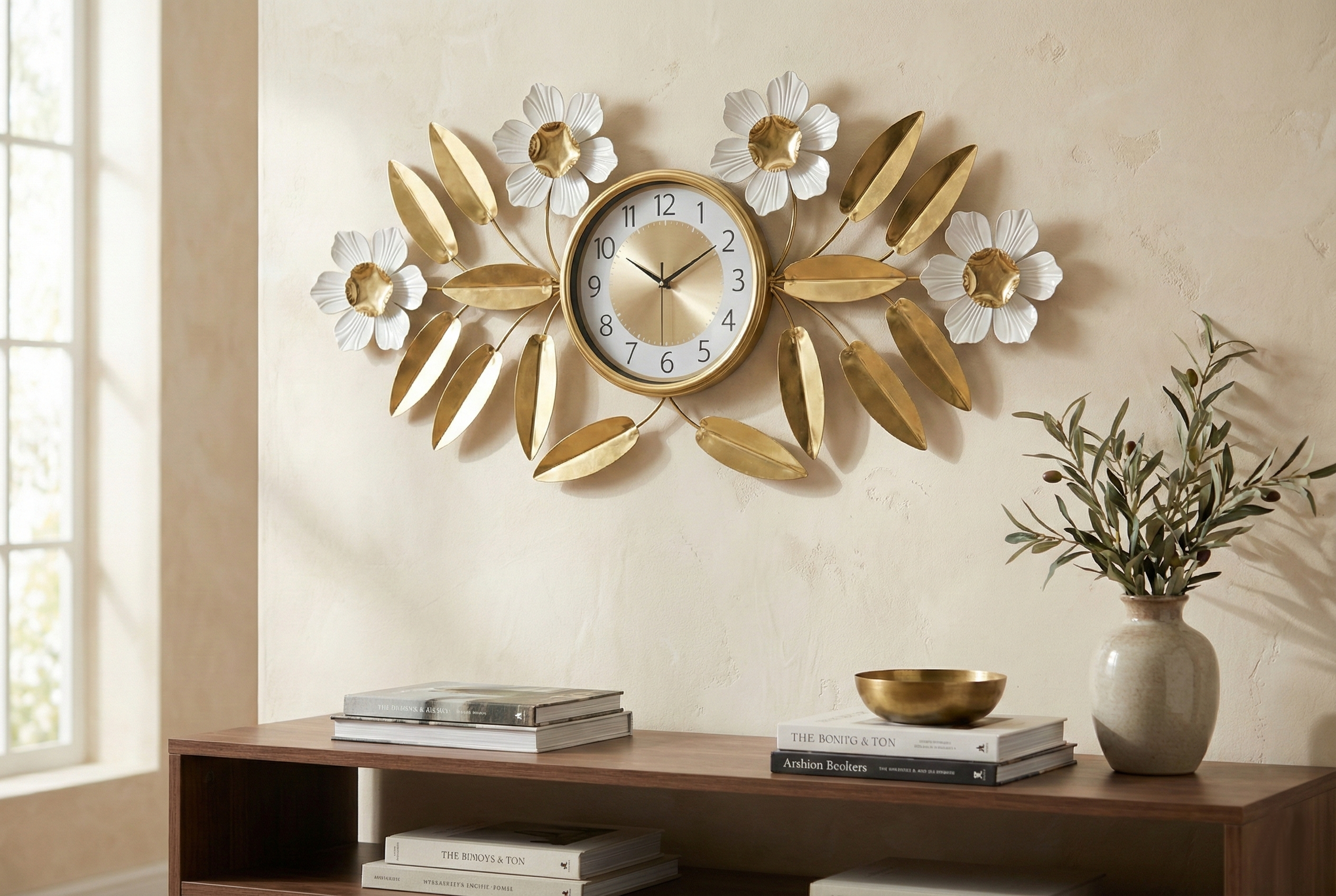 Decorative wall clock with floral and leaf design on a beige wall.