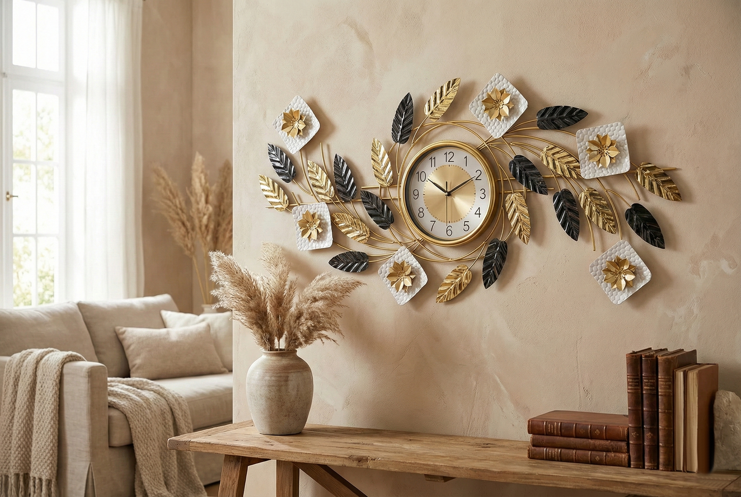 Decorative wall clock with leaf design in a living room setting