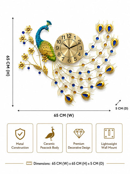 Decorative wall clock with peacock design and measurements on a white background