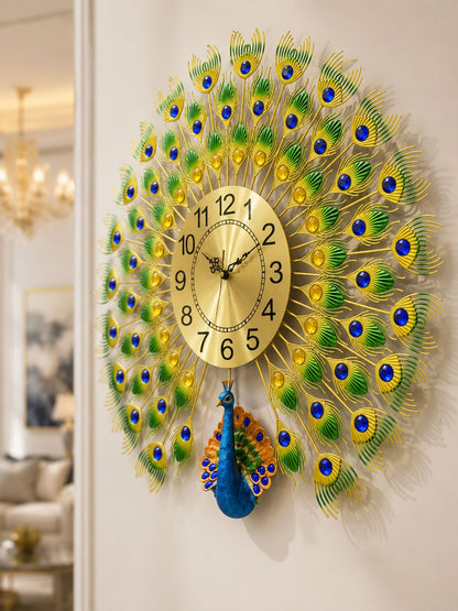 Luxury peacock metal wall clock with ceramic peacock pendant and crystal embellishments