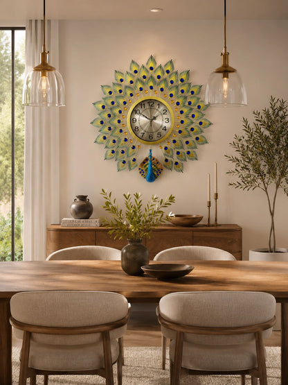 Luxury peacock wall clock displayed in modern dining room interior décor