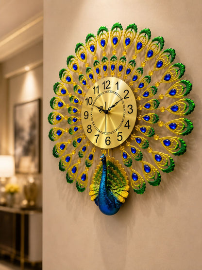 Side angle view of luxury peacock wall clock showcasing layered metal feather design