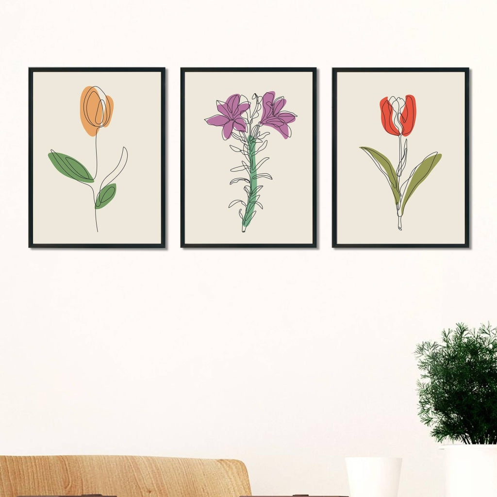Tulip 3 Panels Art Frame For Wall Decor- Funkydecors Xs / Black Posters Prints &amp; Visual Artwork