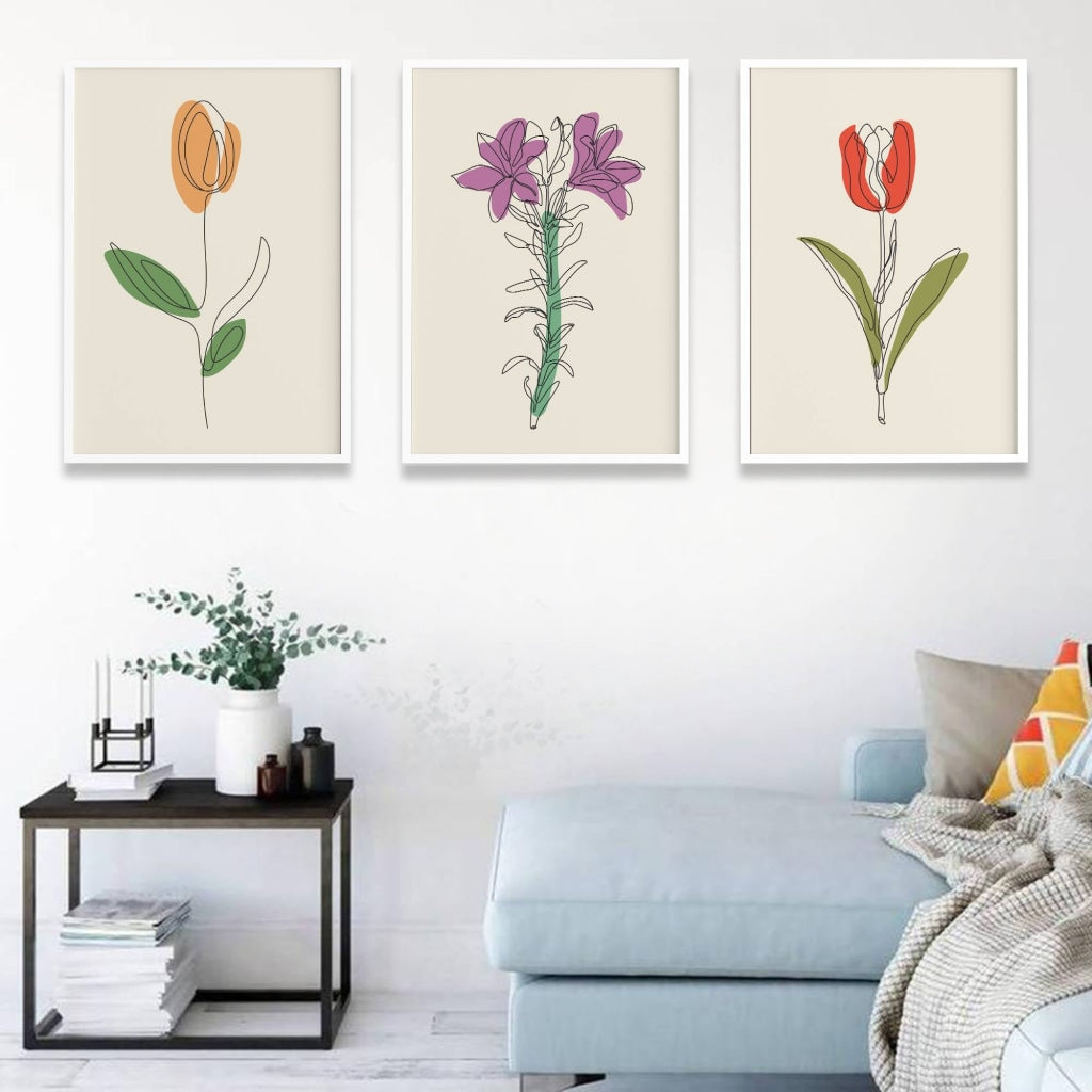 Tulip 3 Panels Art Frame For Wall Decor- Funkydecors Xs / White Posters Prints & Visual Artwork