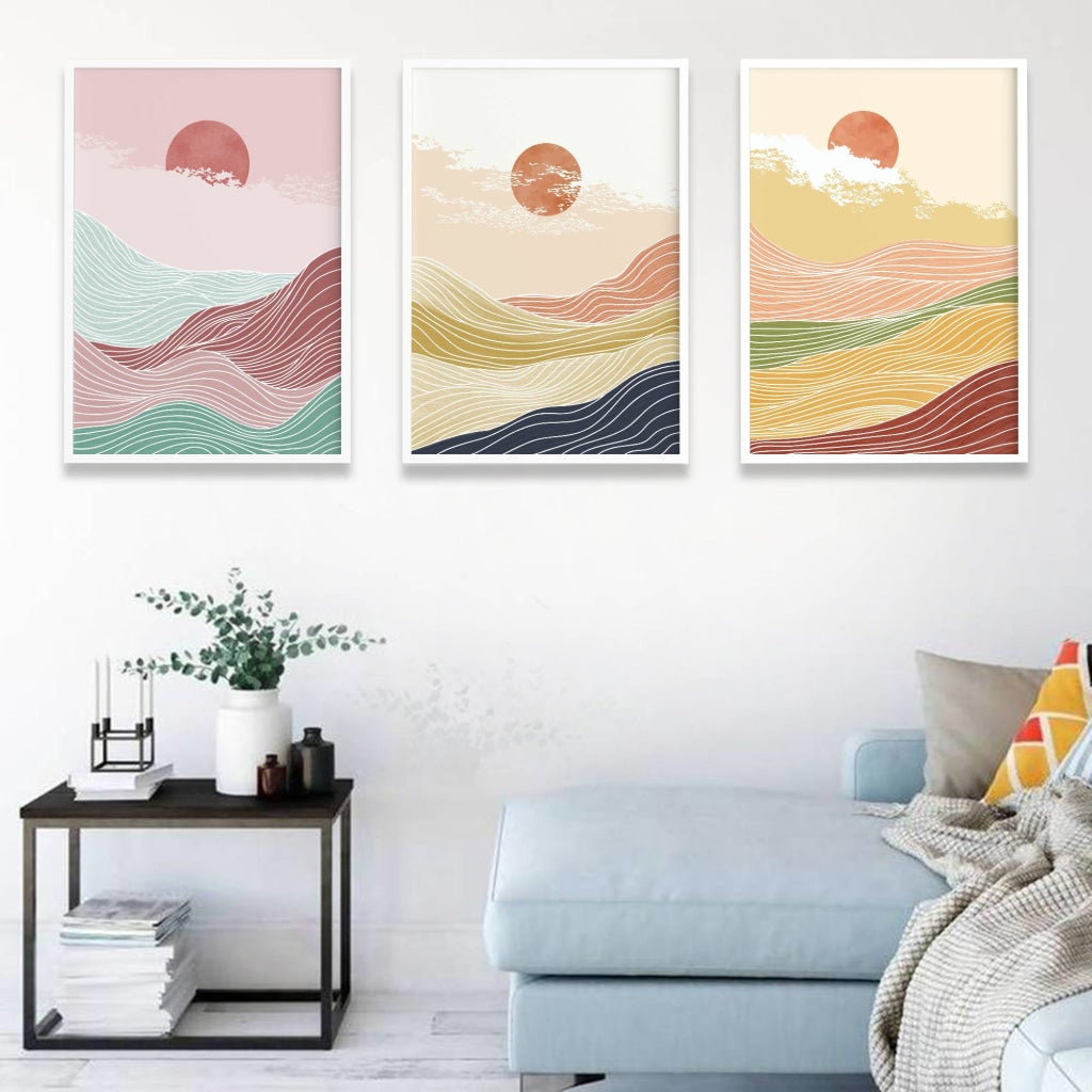 Wavy Strings - Minimal 3 Panels Art Frame For Wall Decor- Funkydecors Xs / White Posters Prints &amp;