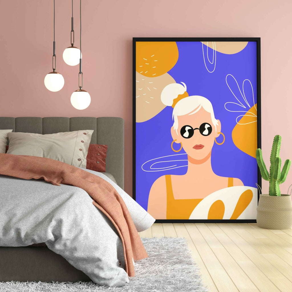 White Hair Girl With Glasses Portrait Art Frame For Wall Decor- Funkydecors Xs / Black Posters