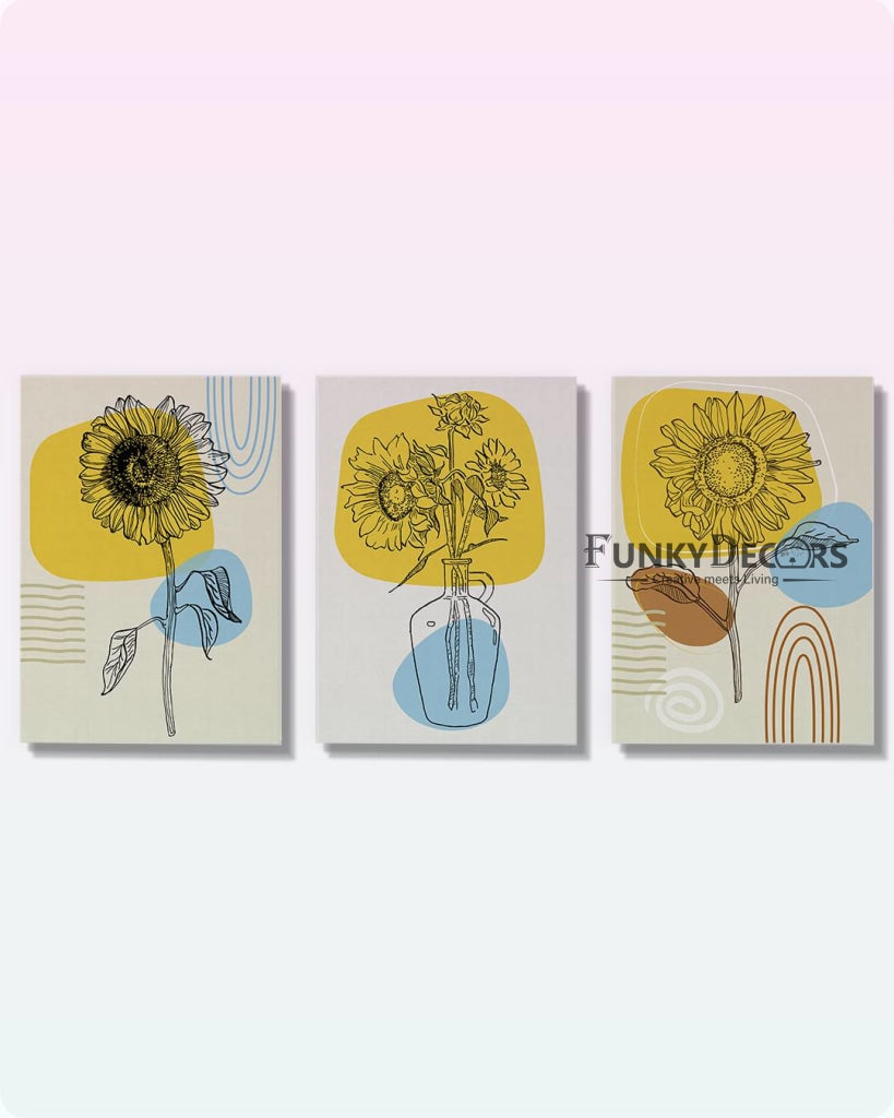 Yellow Floral 3 Panels Art Frame For Wall Decor- Funkydecors Posters Prints &amp; Visual Artwork