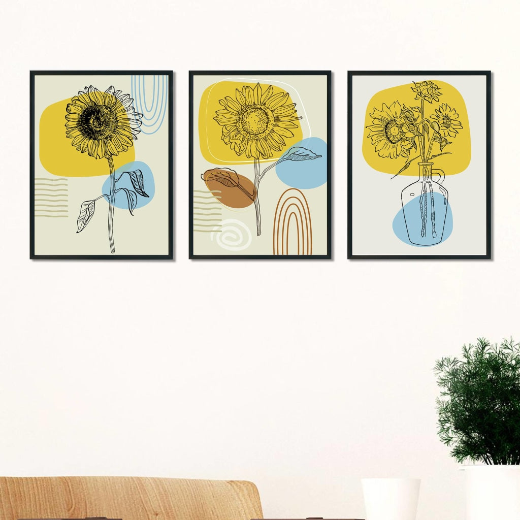 Yellow Floral 3 Panels Art Frame For Wall Decor- Funkydecors Xs / Black Posters Prints &amp; Visual