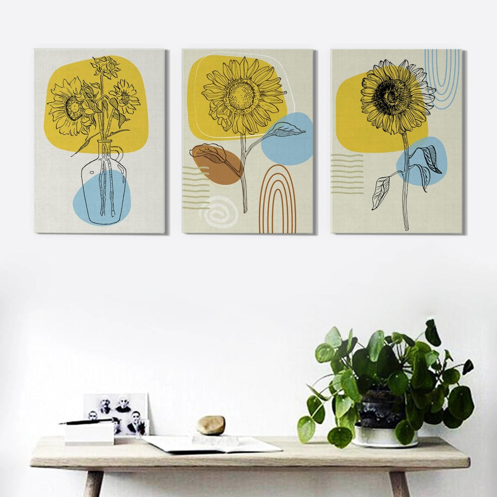 Yellow Floral 3 Panels Art Frame For Wall Decor- Funkydecors Xs / Canvas Posters Prints &amp; Visual
