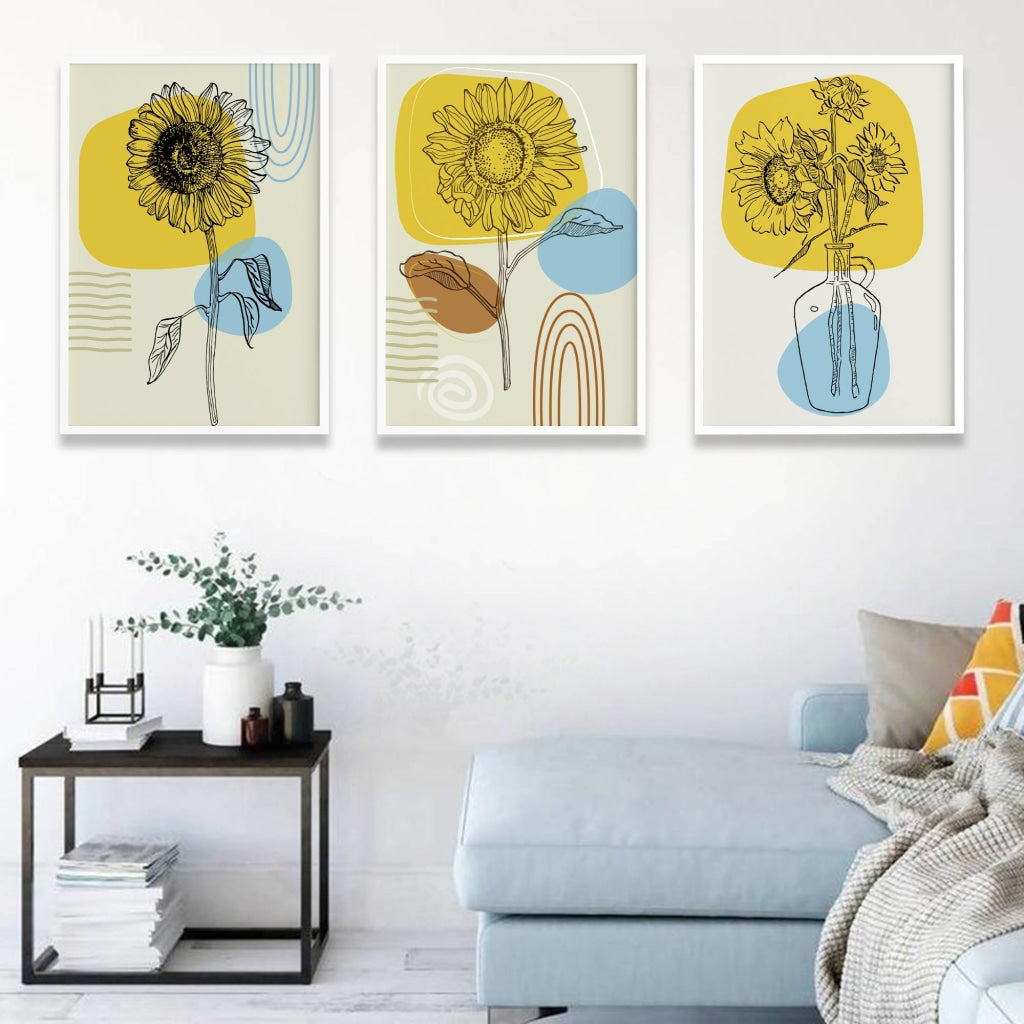 Yellow Floral 3 Panels Art Frame For Wall Decor- Funkydecors Xs / White Posters Prints &amp; Visual