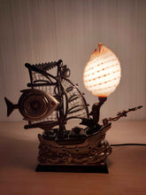 Load and play video in Gallery viewer, FunkyTradition Pink Golden Fish Vintage Pirates Ship Table Lamp with Alarm Clock for Christmas, Anniversary, Birthday Gift, Home and Office Decor
