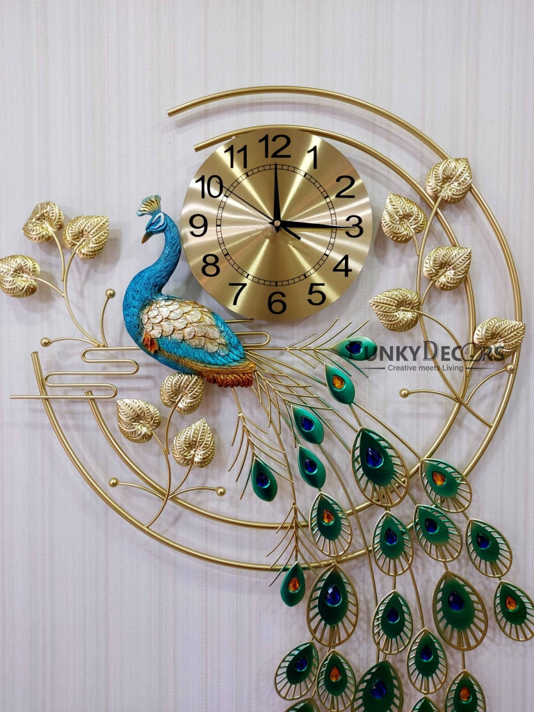 Designer Big Peacock Colorful Metal Wall Clock- Funkytradition