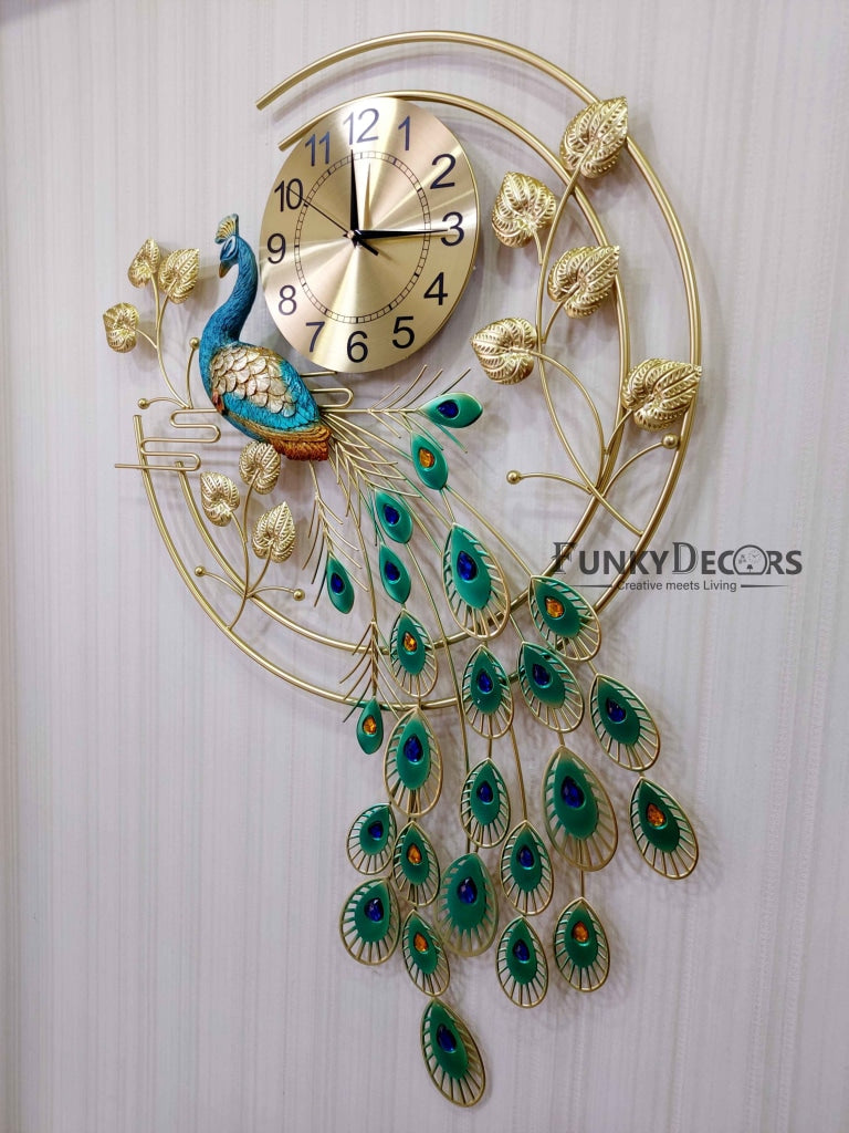 Designer Big Peacock Colorful Metal Wall Clock- Funkytradition