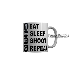FunkyDecors Eat Sleep Shoot Repeat White Funny Quotes Ceramic Coffee Mug, 350 ml