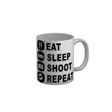 Load image into Gallery viewer, FunkyDecors Eat Sleep Shoot Repeat White Funny Quotes Ceramic Coffee Mug, 350 ml
