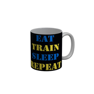 FunkyDecors Eat Train Sleep Repeat Black Funny Quotes Ceramic Coffee Mug, 350 ml