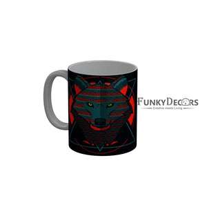 FunkyDecors Graphical Lion Face Black Ceramic Coffee Mug, 350 ml