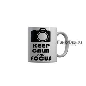 FunkyDecors Keep Calm and Focus White Quotes Ceramic Coffee Mug, 350 ml