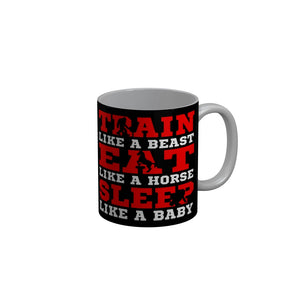 FunkyDecors Train Eat Sleep Black Motivational Quotes Ceramic Coffee Mug, 350 ml