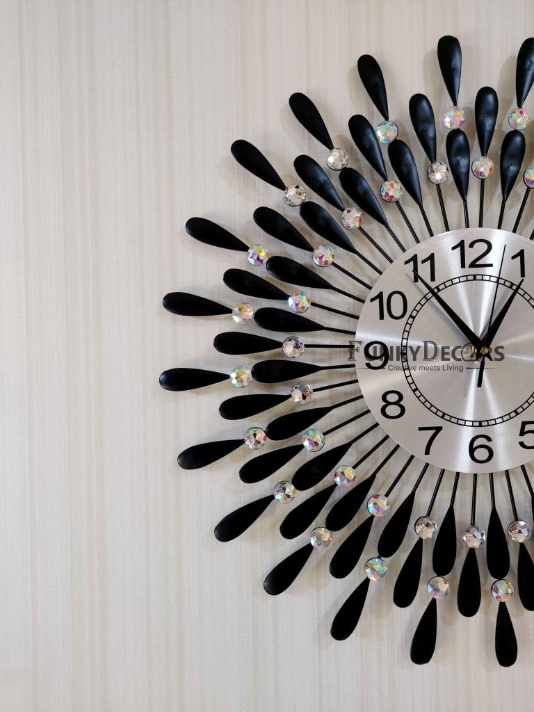 Funkytradition 3D Black Flower Wall Clock Watch Decor For Home Office And Gifts 62 Cm Tall Clocks