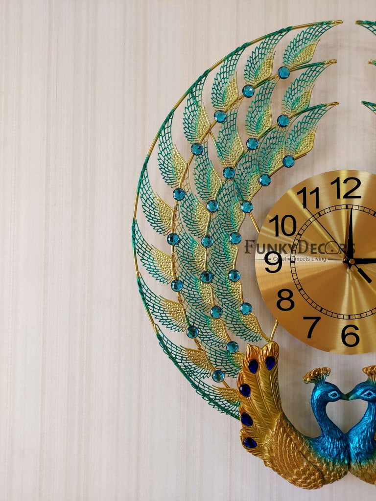 FunkyDecors 3D Dual Peacock Feather Open Wall Clock Watch Decor For Home Office And Gifts 50 Cm