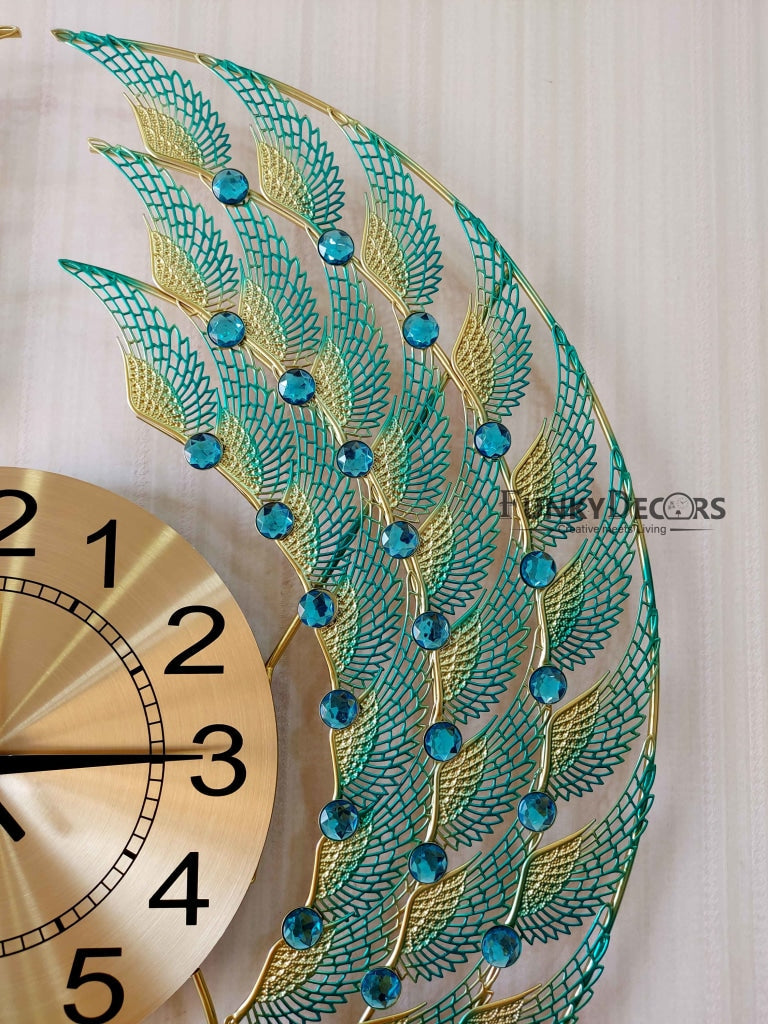 FunkyDecors 3D Dual Peacock Feather Open Wall Clock Watch Decor For Home Office And Gifts 50 Cm