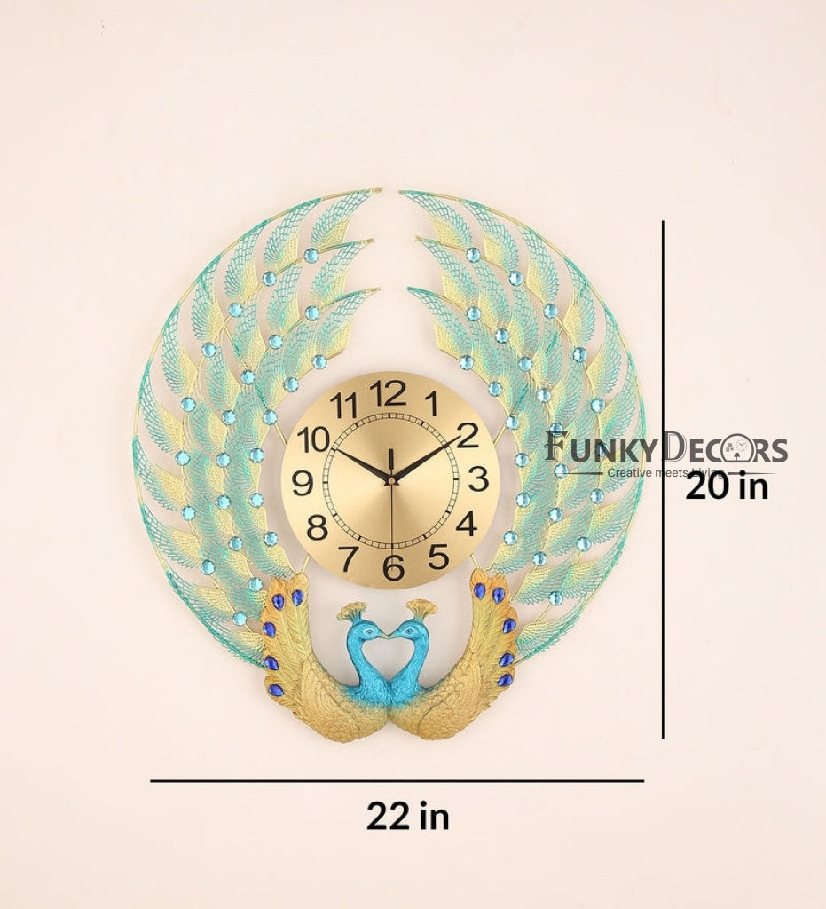 FunkyDecors 3D Dual Peacock Feather Open Wall Clock Watch Decor For Home Office And Gifts 50 Cm