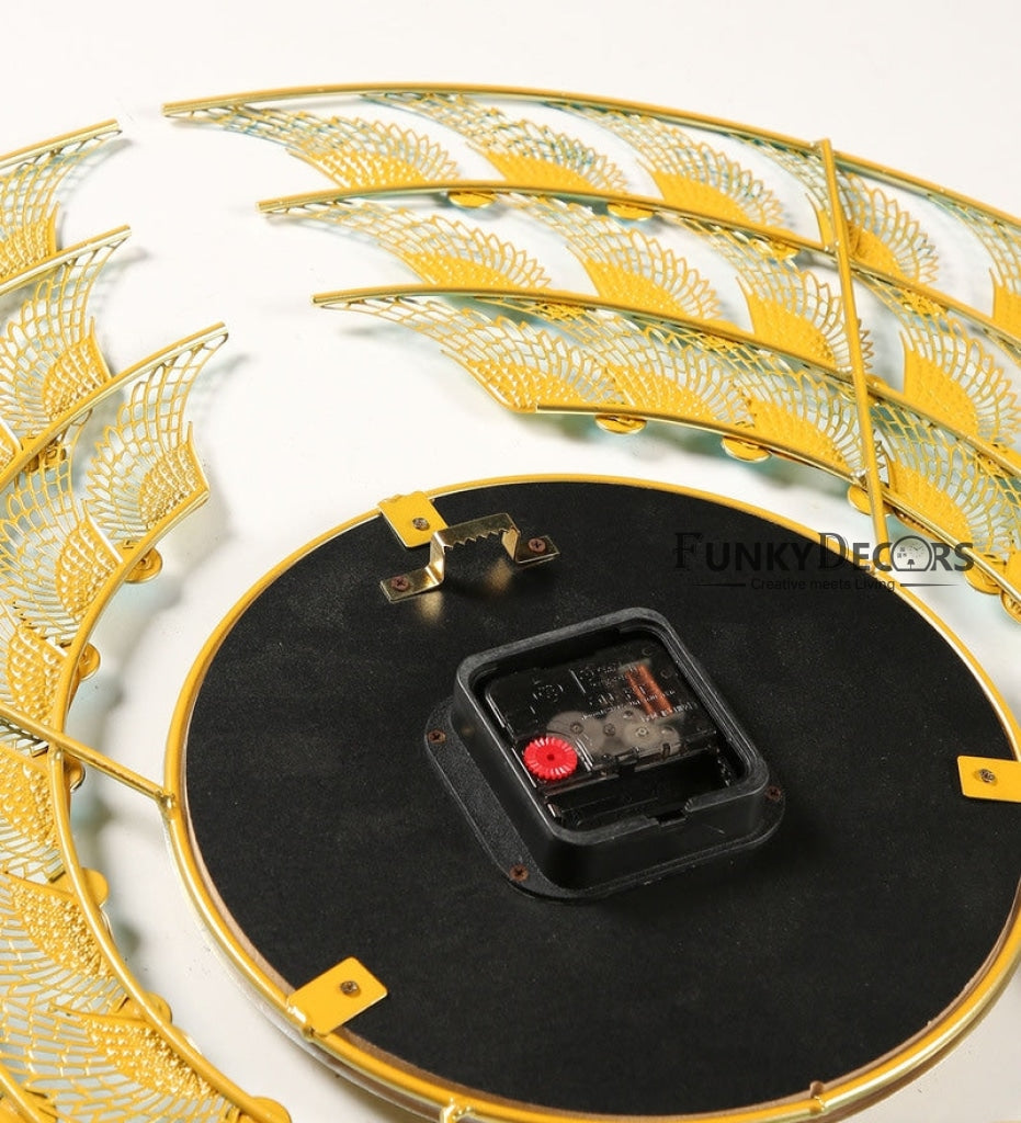 FunkyDecors 3D Dual Peacock Feather Open Wall Clock Watch Decor For Home Office And Gifts 50 Cm