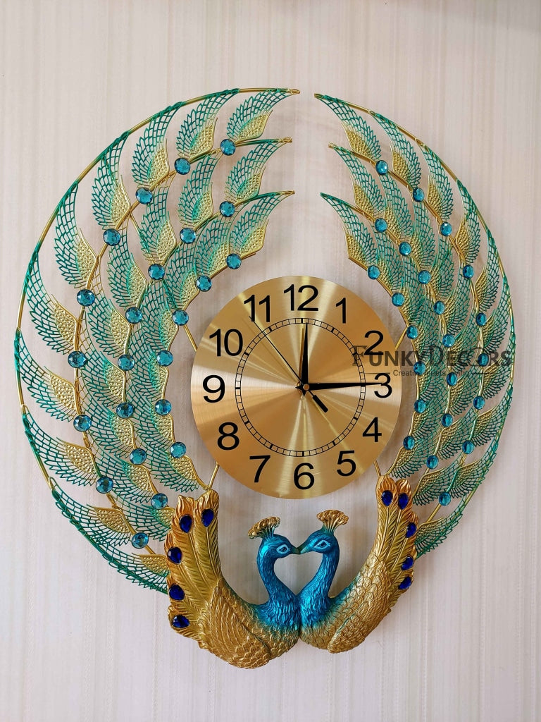 FunkyDecors 3D Dual Peacock Feather Open Wall Clock Watch Decor For Home Office And Gifts 50 Cm