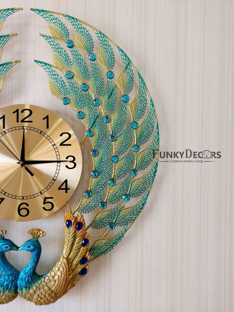 FunkyDecors 3D Dual Peacock Feather Open Wall Clock Watch Decor For Home Office And Gifts 50 Cm