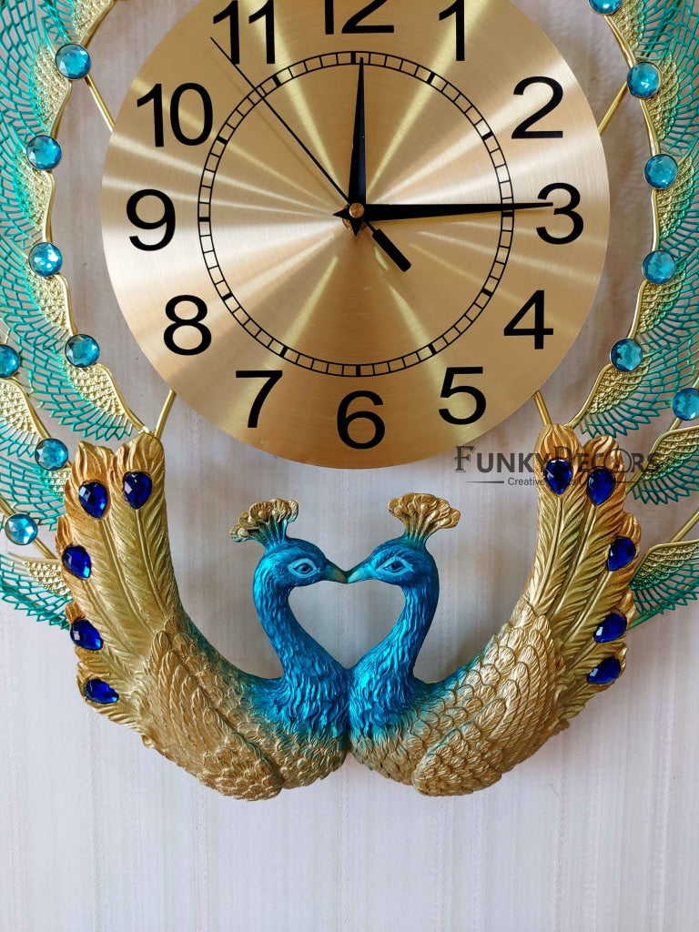 FunkyDecors 3D Dual Peacock Feather Open Wall Clock Watch Decor For Home Office And Gifts 50 Cm