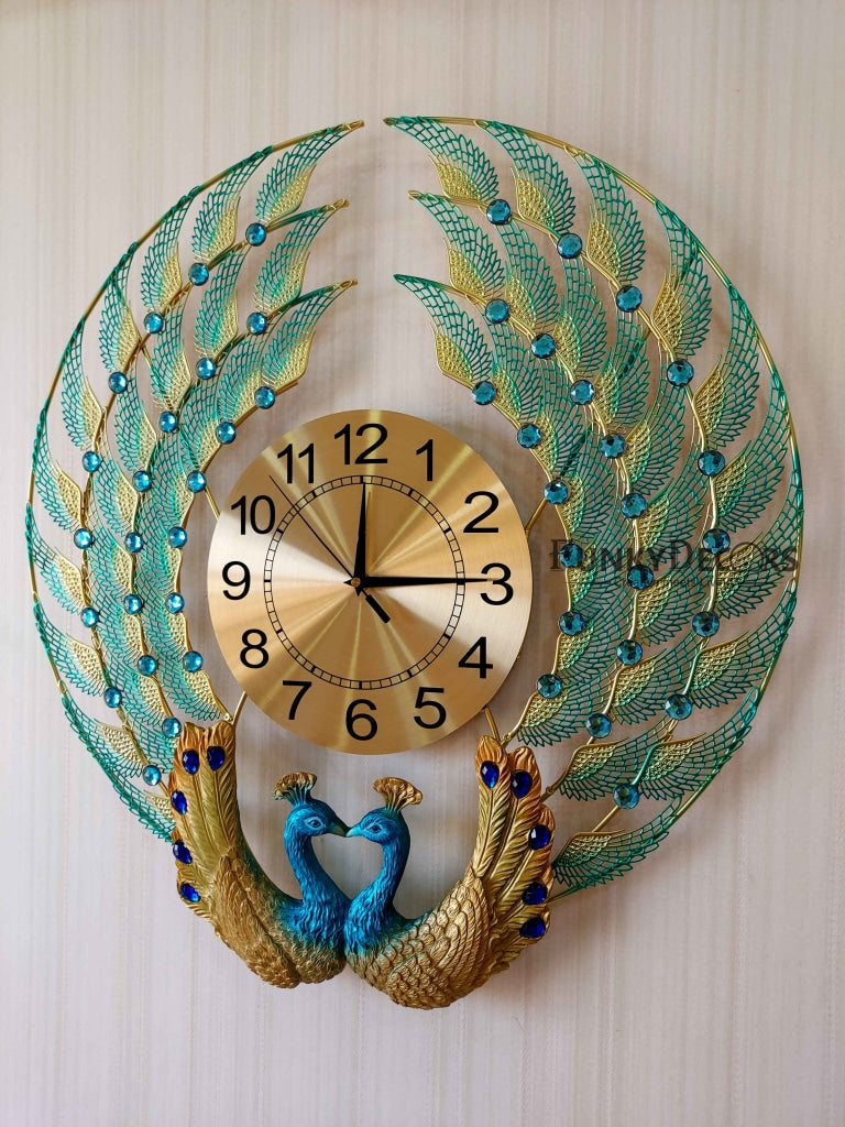 Funkytradition 3D Dual Peacock Feather Open Wall Clock Watch Decor For Home Office And Gifts 50 Cm