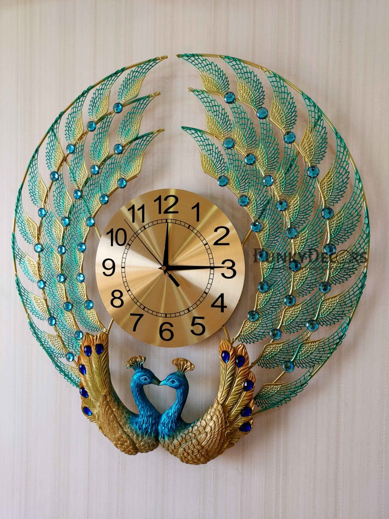 FunkyDecors 3D Dual Peacock Feather Open Wall Clock Watch Decor For Home Office And Gifts 50 Cm