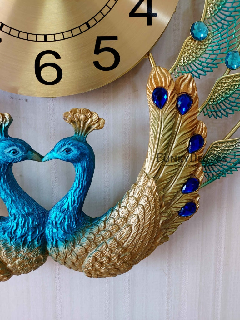 FunkyDecors 3D Dual Peacock Feather Open Wall Clock Watch Decor For Home Office And Gifts 50 Cm