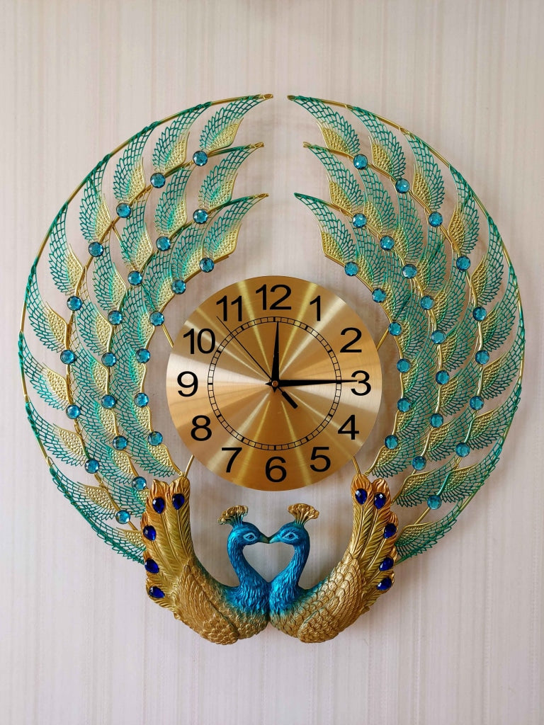 FunkyDecors 3D Dual Peacock Feather Open Wall Clock Watch Decor For Home Office And Gifts 50 Cm