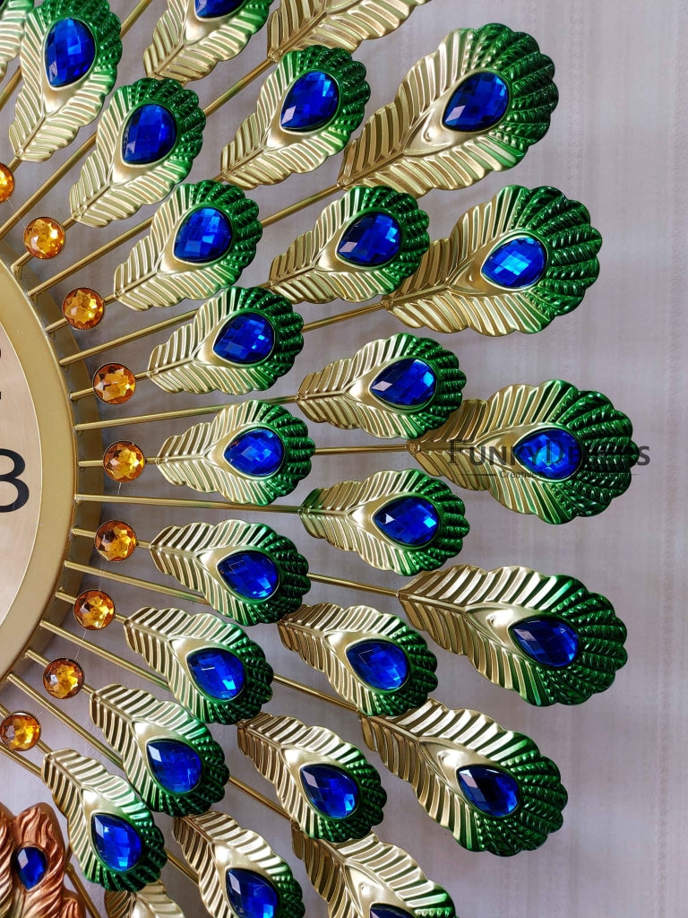 FunkyDecors 3D Dual Peacock Feather Open Wall Clock Watch Decor For Home Office And Gifts 65 Cm