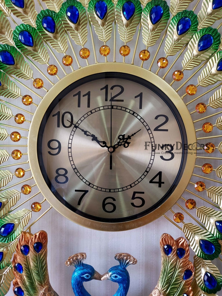 FunkyDecors 3D Dual Peacock Feather Open Wall Clock Watch Decor For Home Office And Gifts 65 Cm