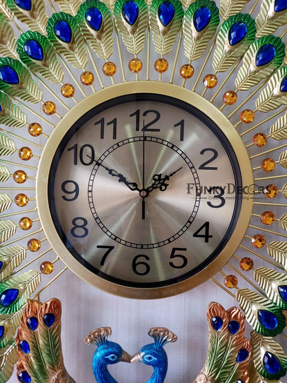 Funkytradition 3D Dual Peacock Feather Open Wall Clock Watch Decor For Home Office And Gifts 65 Cm