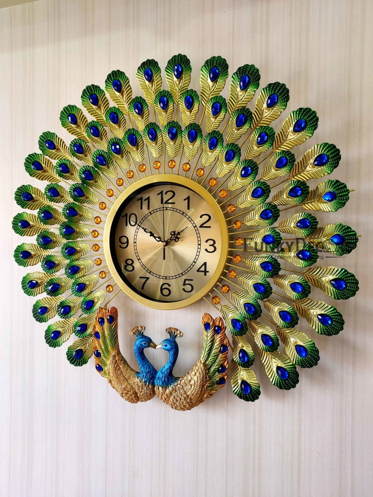 FunkyDecors 3D Dual Peacock Feather Open Wall Clock Watch Decor For Home Office And Gifts 65 Cm