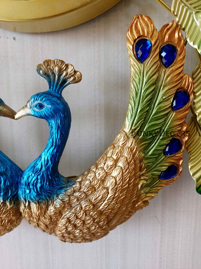 FunkyDecors 3D Dual Peacock Feather Open Wall Clock Watch Decor For Home Office And Gifts 65 Cm