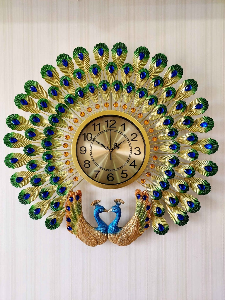 FunkyDecors 3D Dual Peacock Feather Open Wall Clock Watch Decor For Home Office And Gifts 65 Cm