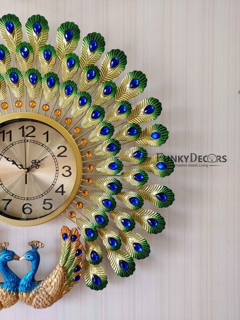 FunkyDecors 3D Dual Peacock Feather Open Wall Clock Watch Decor For Home Office And Gifts 65 Cm