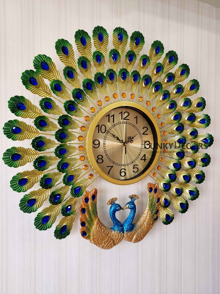 FunkyDecors 3D Dual Peacock Feather Open Wall Clock Watch Decor For Home Office And Gifts 65 Cm
