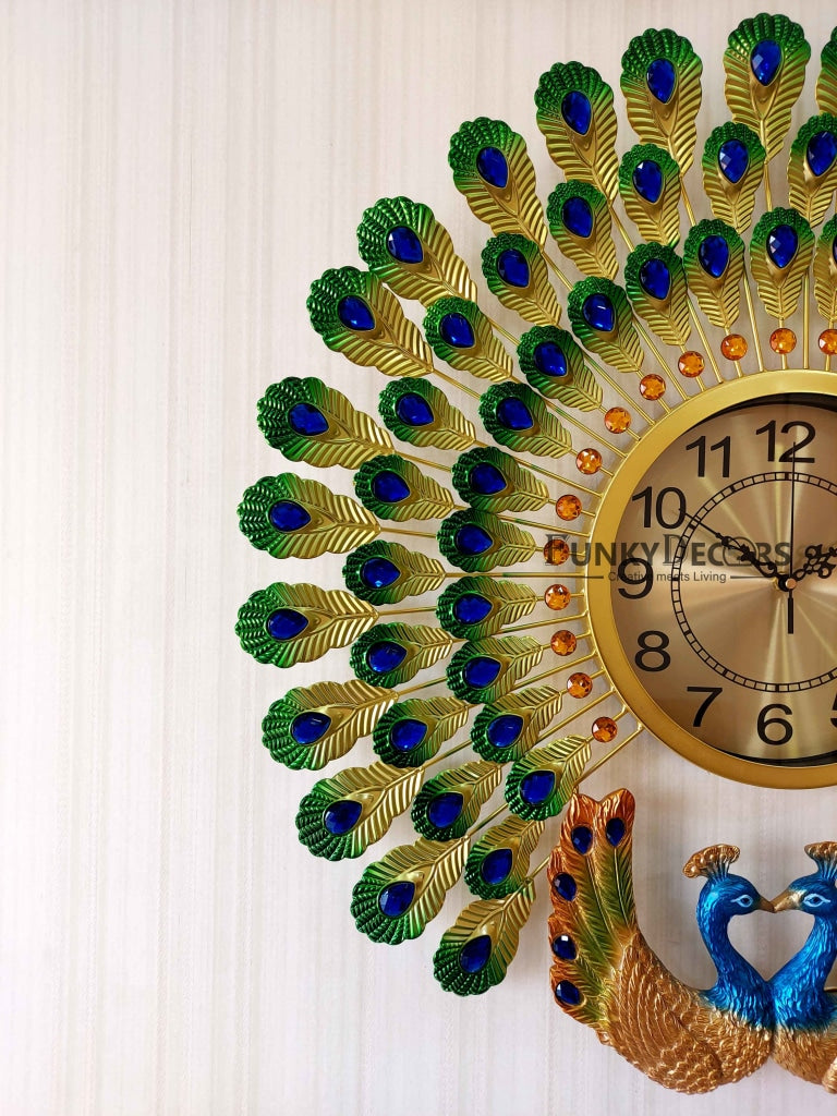 FunkyDecors 3D Dual Peacock Feather Open Wall Clock Watch Decor For Home Office And Gifts 65 Cm