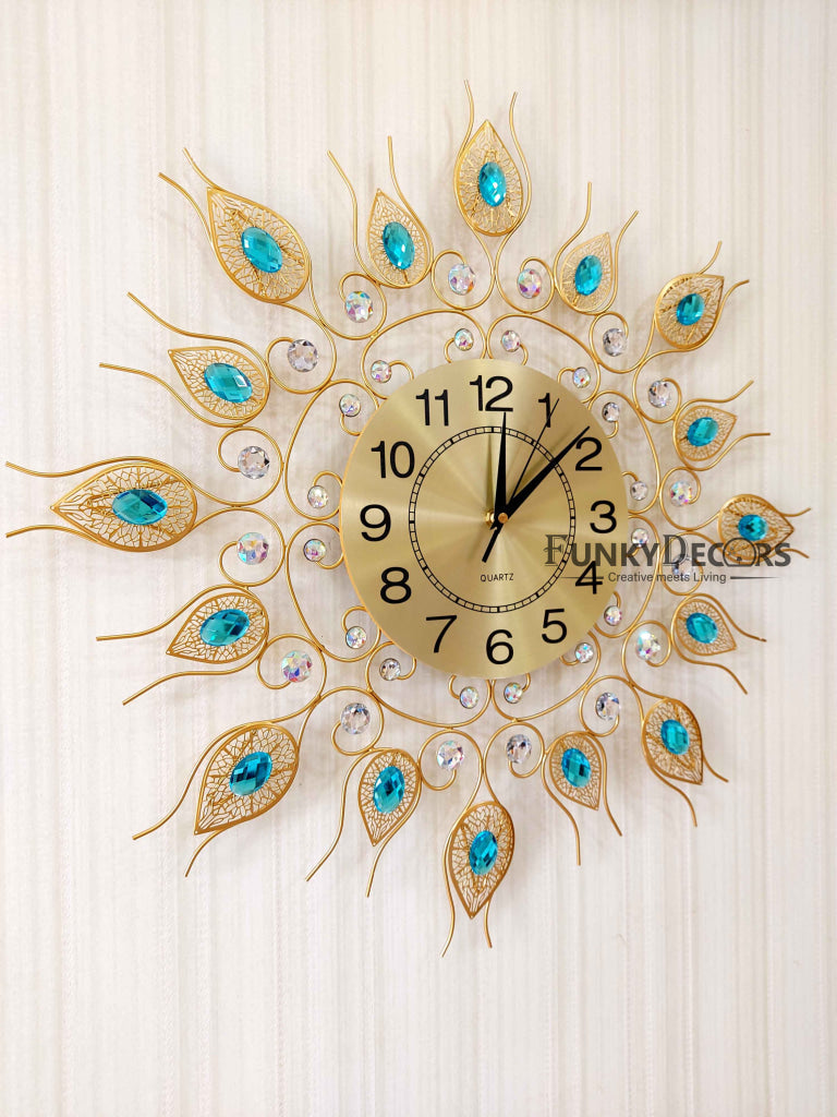 FunkyDecors 3D Golden Blue Flower Diamond Studded Wall Clock Watch Decor For Home Office And