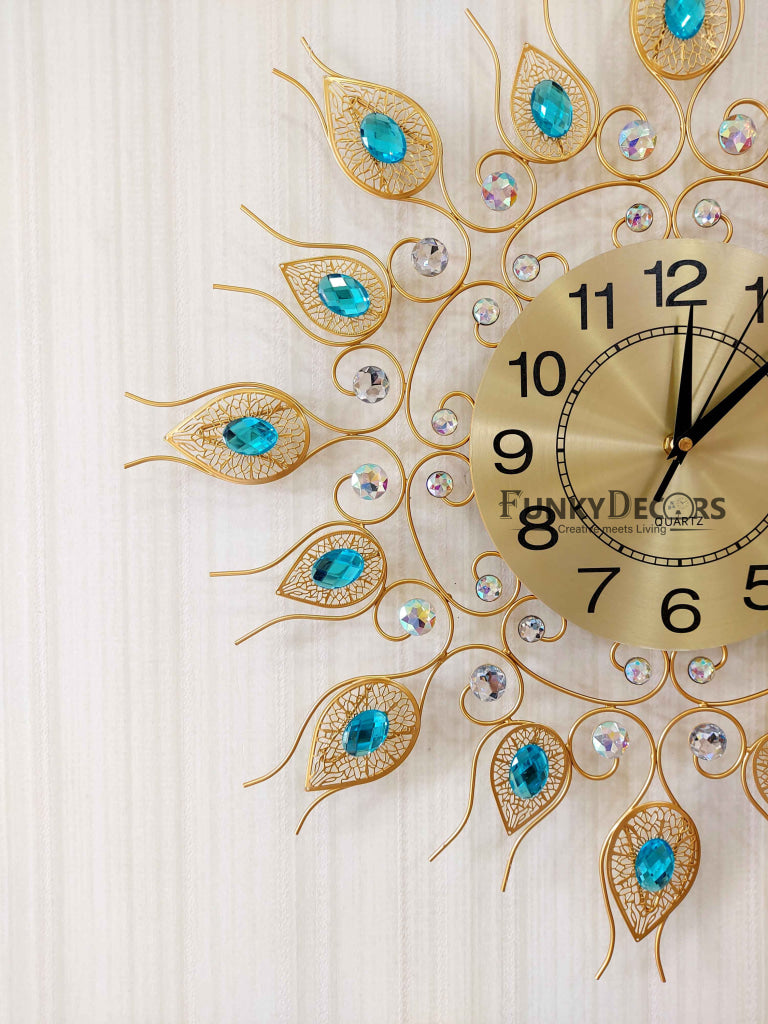 Funkytradition 3D Golden Blue Flower Diamond Studded Wall Clock Watch Decor For Home Office And